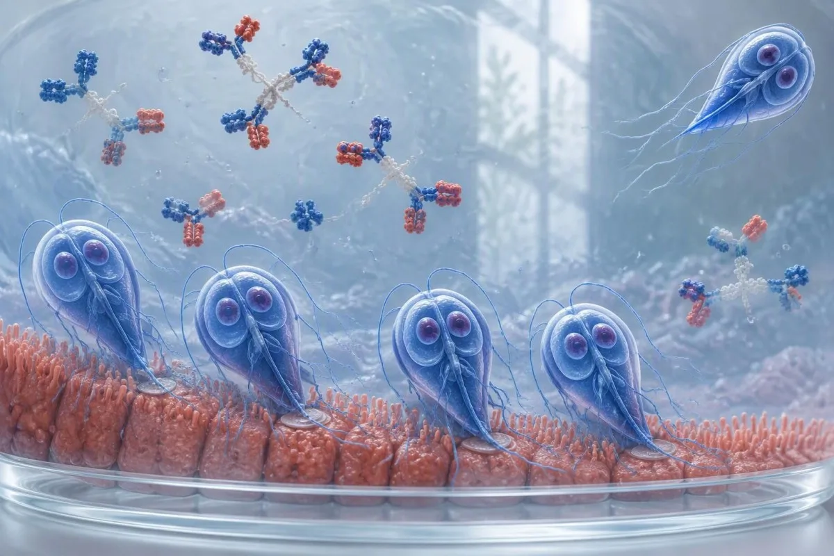 Трофозоиты Giardia и схематичное изображение секреторных антител на поверхности кишечника