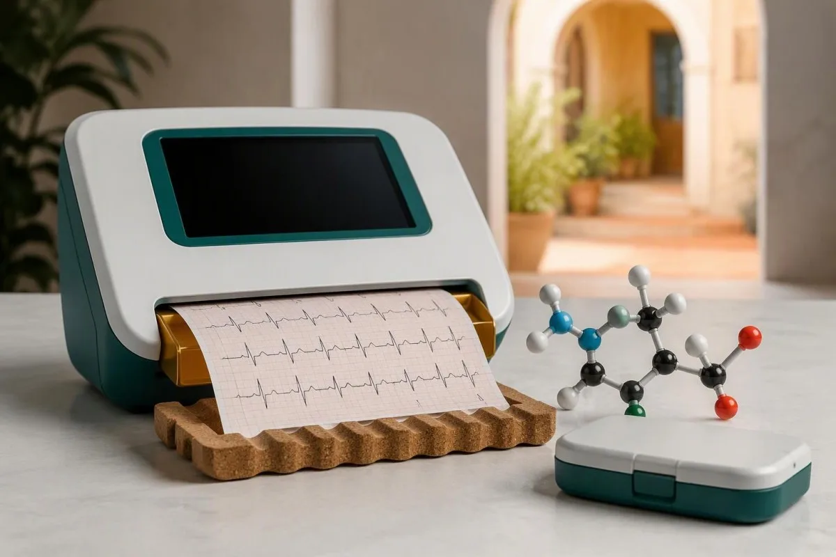 Concentració de lacosamida: intervals de Vimpat i guia de monitoratge 12 Seguretat cardíaca del nivell de lacosamida il·lustrada amb un enregistrador d’ECG amb un traçat de conducció sense etiquetes