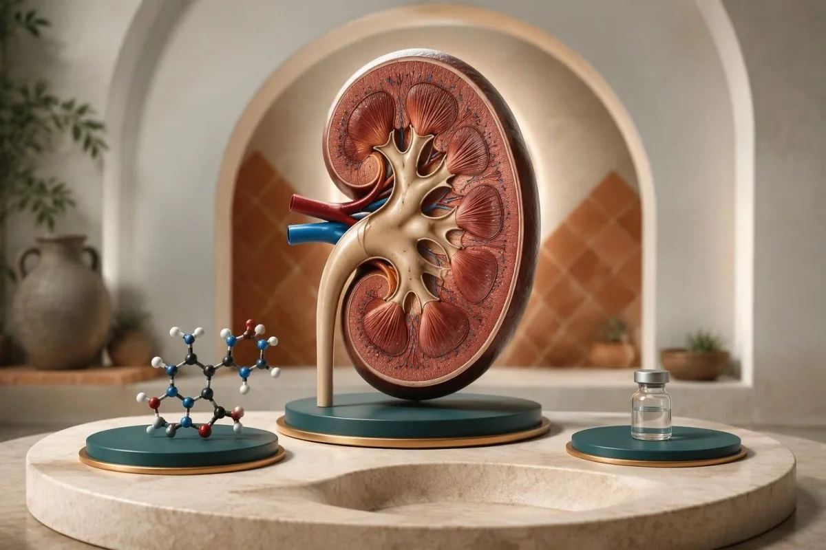Concentració de lacosamida: intervals de Vimpat i guia de monitoratge 10 Eliminació del nivell de lacosamida il·lustrada amb un tall transversal renal aïllat i models moleculars del medicament