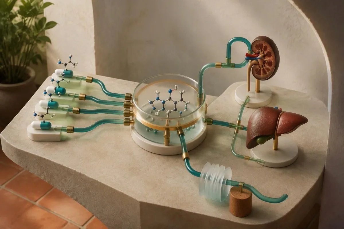 Concentració de lacosamida: intervals de Vimpat i guia de monitoratge 6 Estat estacionari del nivell de lacosamida il·lustrat amb models del medicament i un diorama de l’eliminació renal i hepàtica