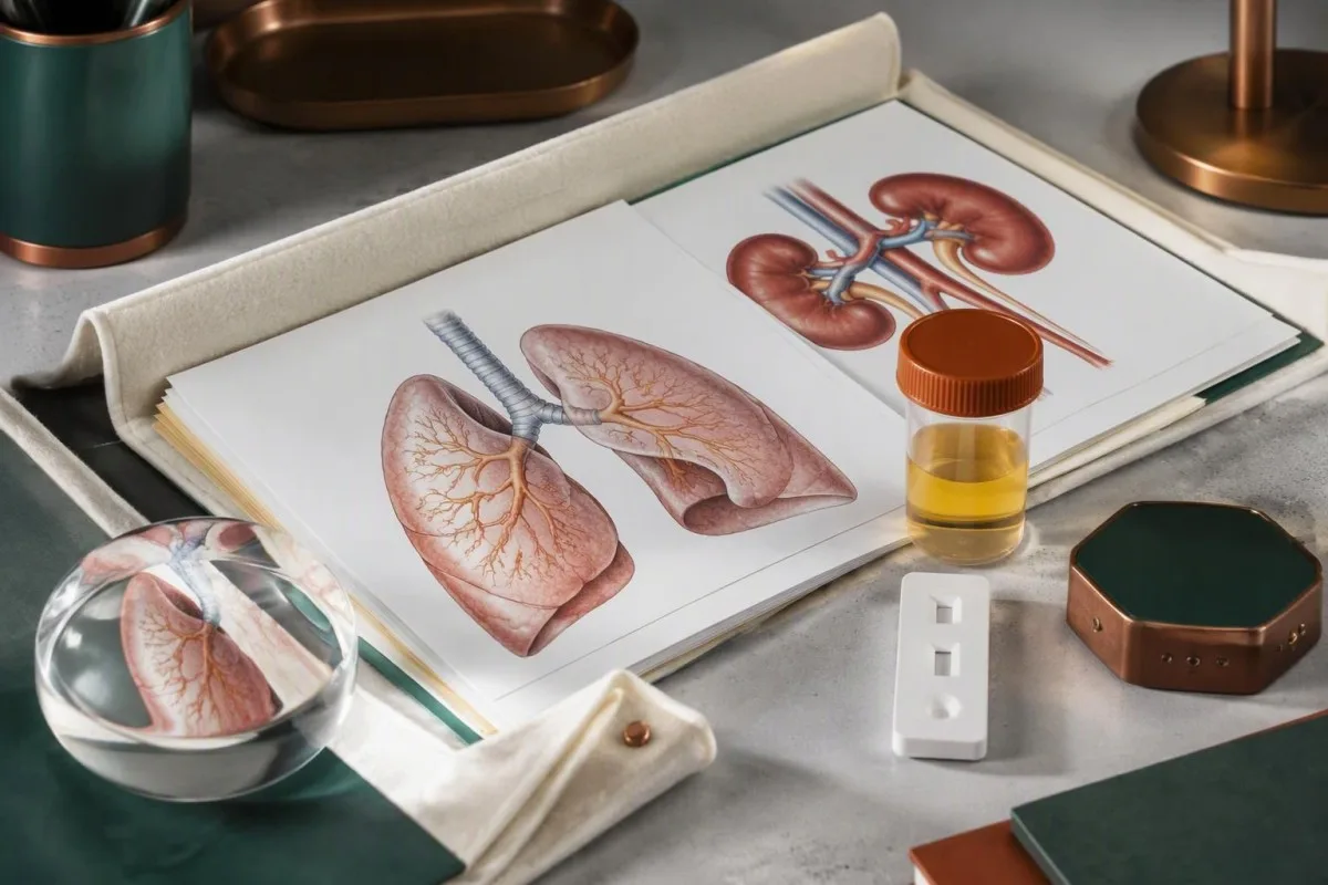 Educational arrangement of laboratory reports, lung and kidney models, and a urine antigen specimen