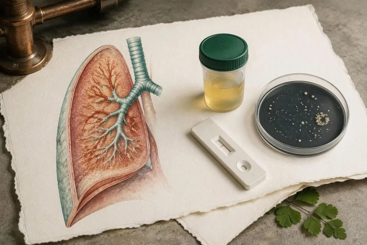 Anatomical lung illustration with urine assay and charcoal culture materials representing Legionella evidence