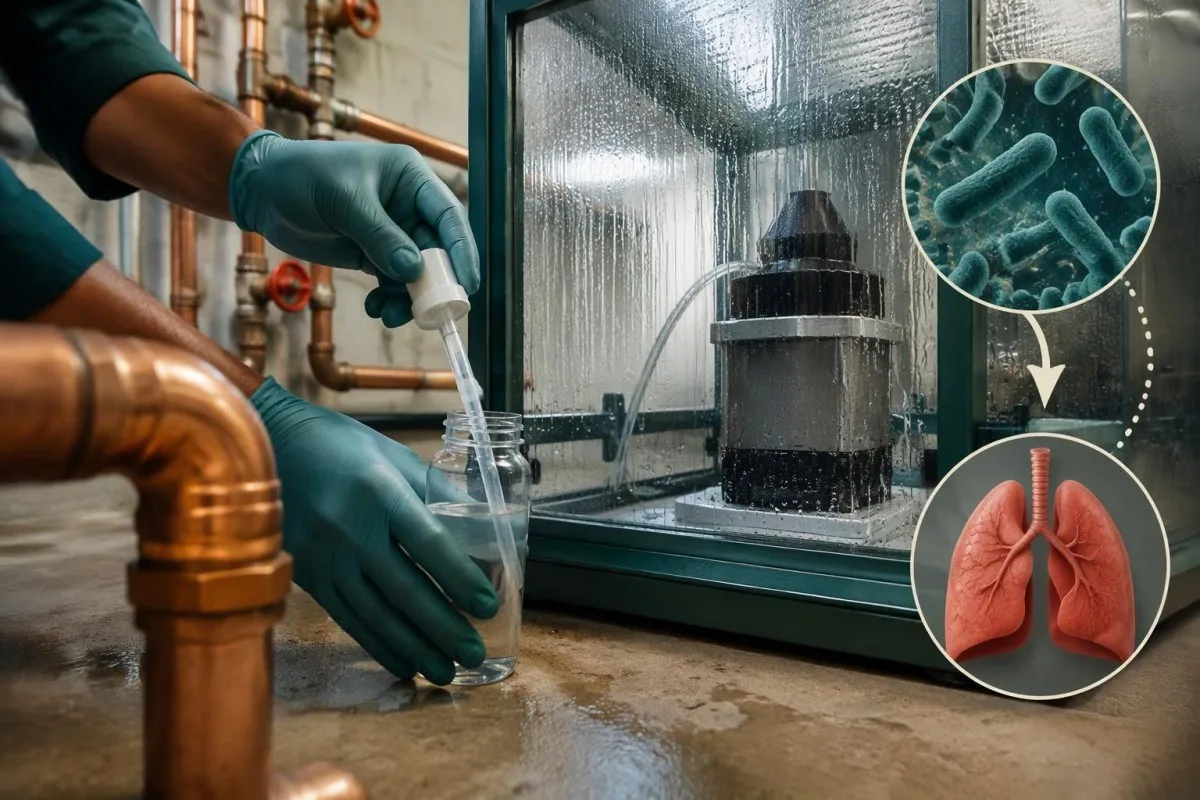 Water aerosol sampling equipment with a Legionella inset explaining environmental exposure