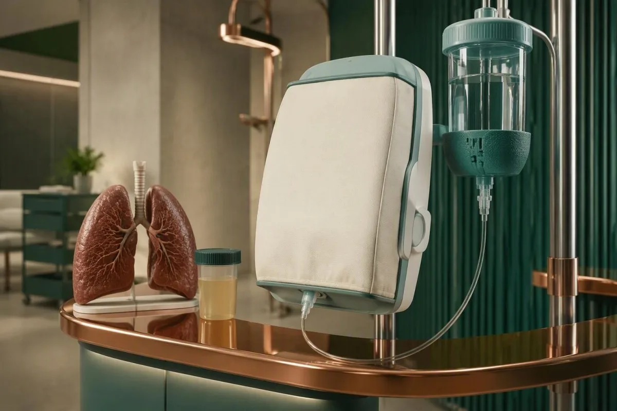 Clinical infusion equipment with a lung model and urine specimen representing Legionella-directed treatment