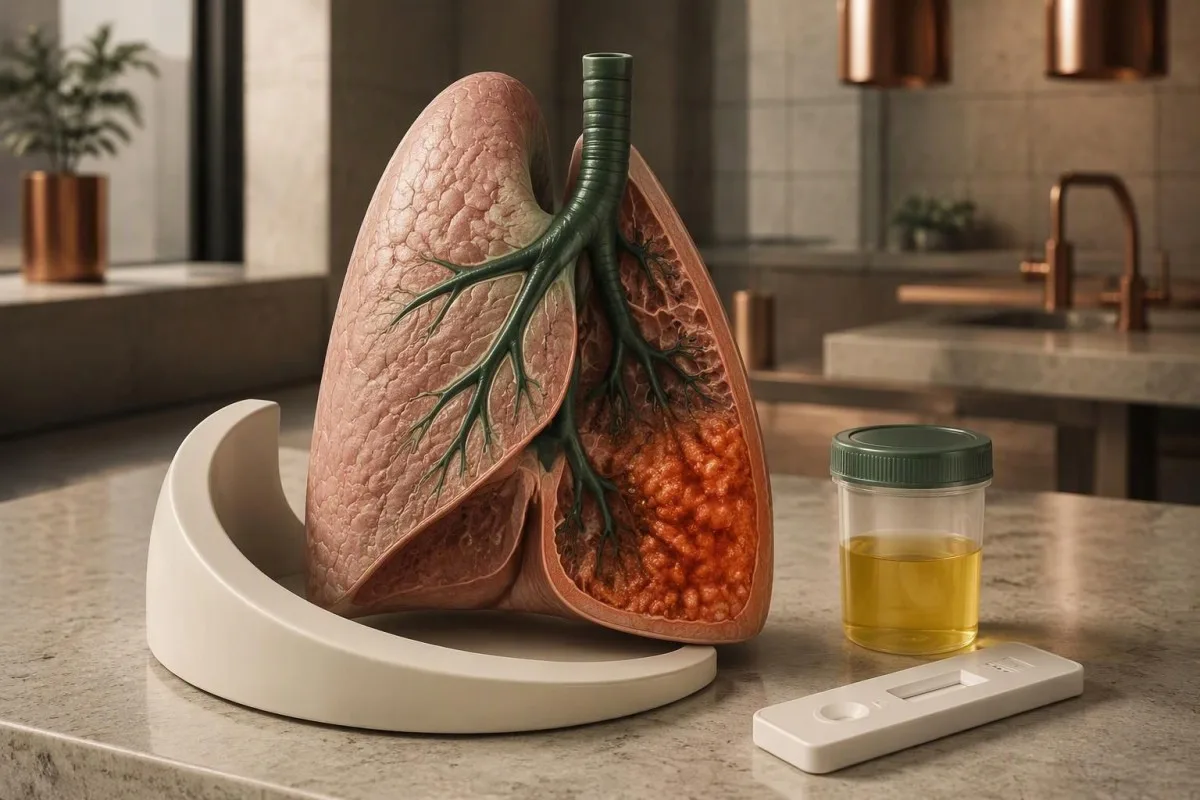 Lung cross-section and urine assay illustrating how a positive Legionella antigen supports pneumonia diagnosis