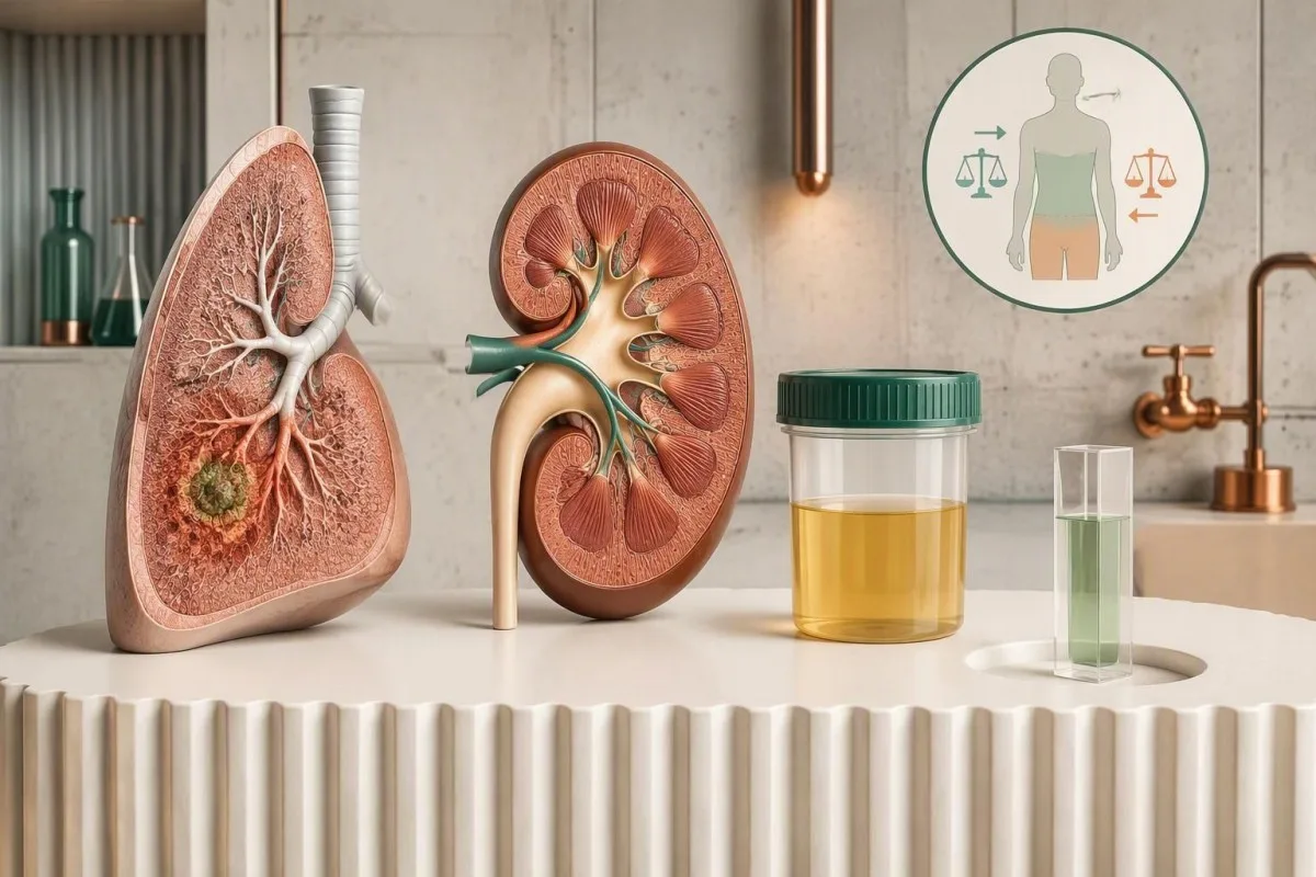 Lung and kidney educational diagrams beside laboratory materials used to assess pneumonia complications