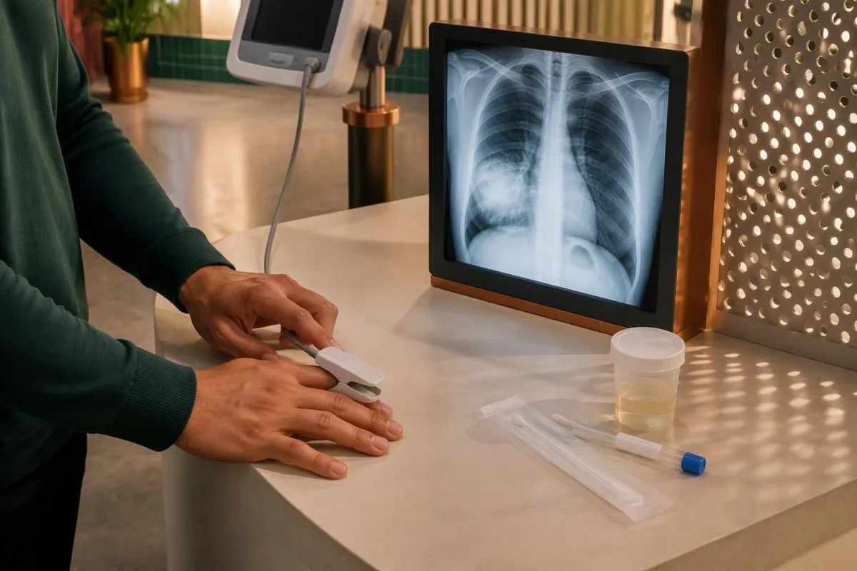 Hands-only pneumonia triage with pulse oximetry and an educational chest image