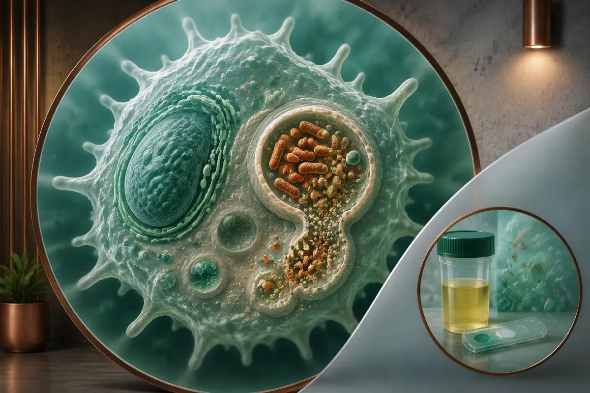 Educational cellular illustration of Legionella antigen fragments remaining after bacterial breakdown