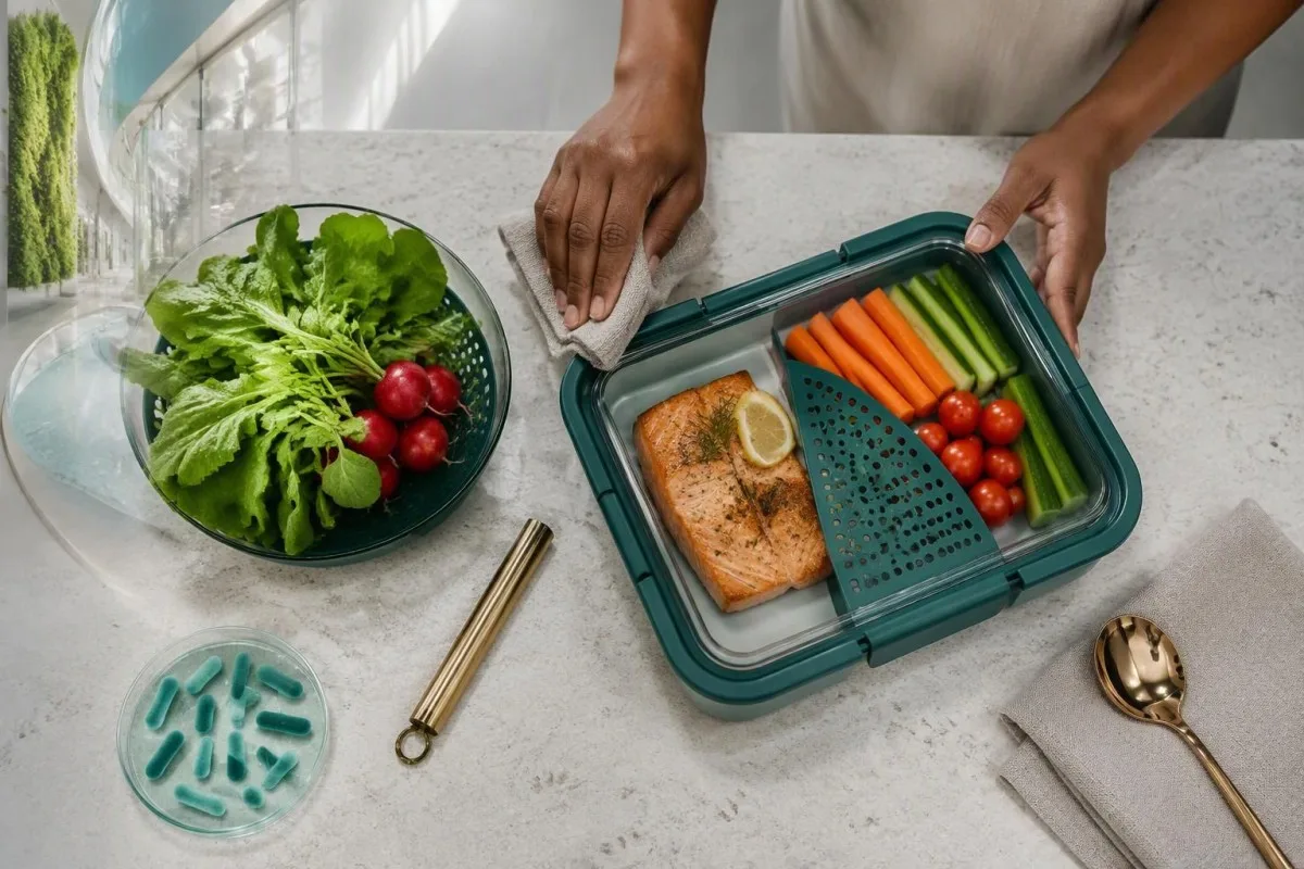 Listeria Symptoms: Fever, Pregnancy and Urgent Testing 15 Food-safety preparation with fresh produce, heated fish, and a cleaned chilled-food storage tray