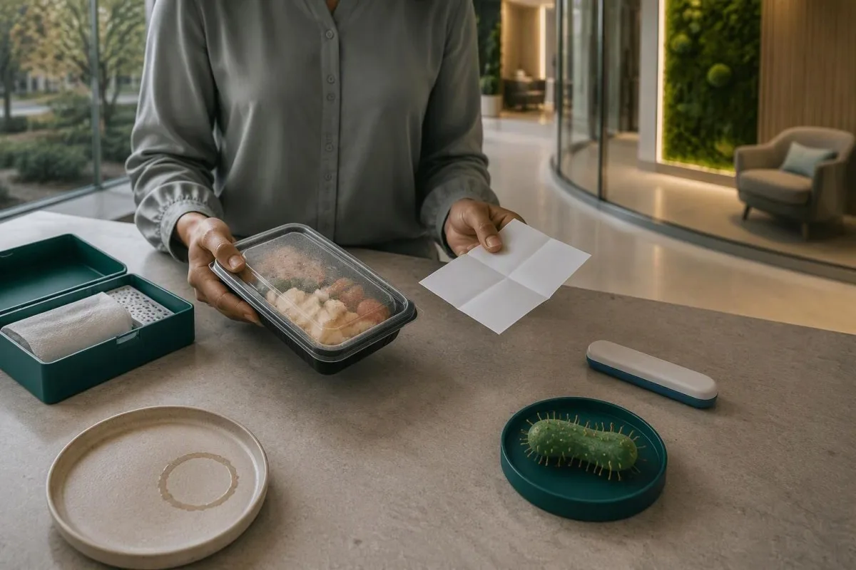 Listeria Symptoms: Fever, Pregnancy and Urgent Testing 9 Hands checking an unmarked chilled-food package beside a closed thermometer case and recall notes