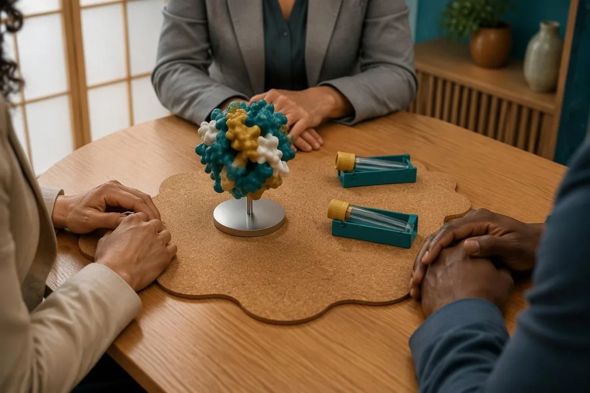 Low Antithrombin Activity: Causes and Repeat Testing 15 Low antithrombin activity family evaluation shown by diverse hands reviewing a protein-based counseling model