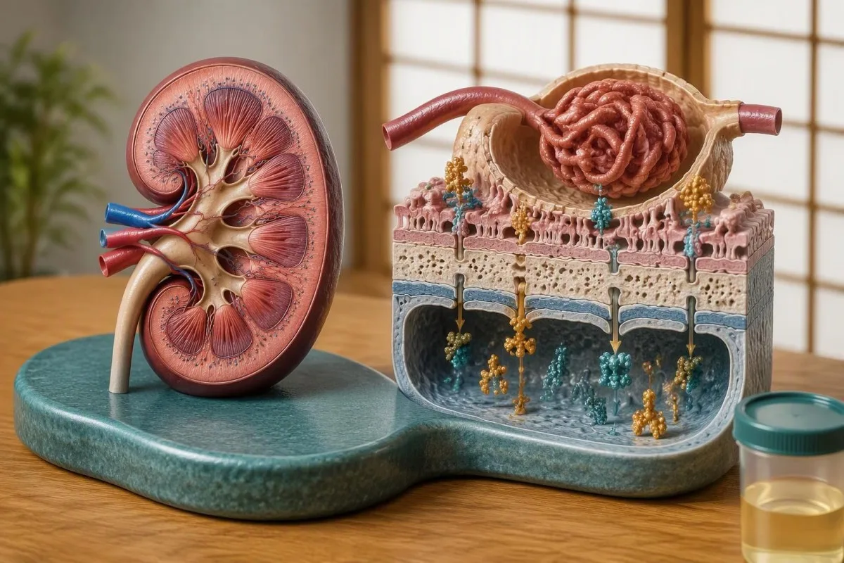 Low Antithrombin Activity: Causes and Repeat Testing 9 Low antithrombin activity from protein loss illustrated by a kidney and glomerular filtration diagram