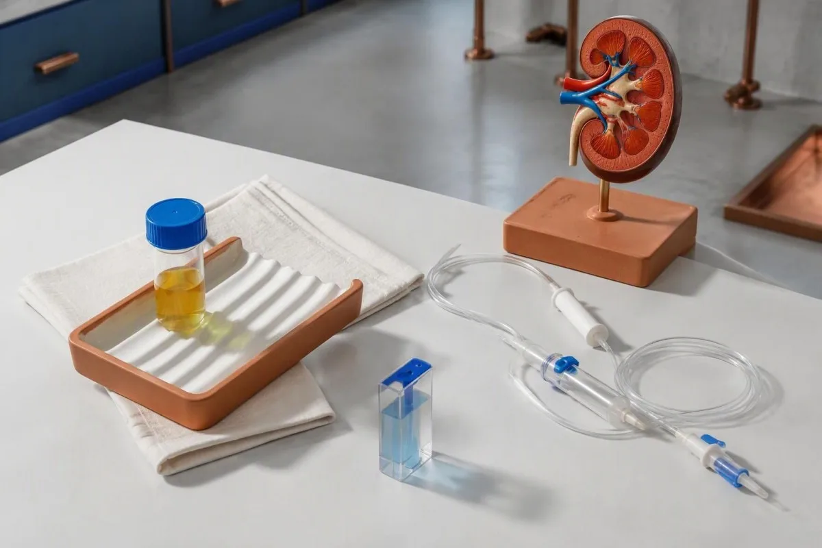 Methotrexate Levels: Delayed Clearance and Rescue Care 3 Methotrexate levels testing materials beside an infusion set and a kidney teaching model