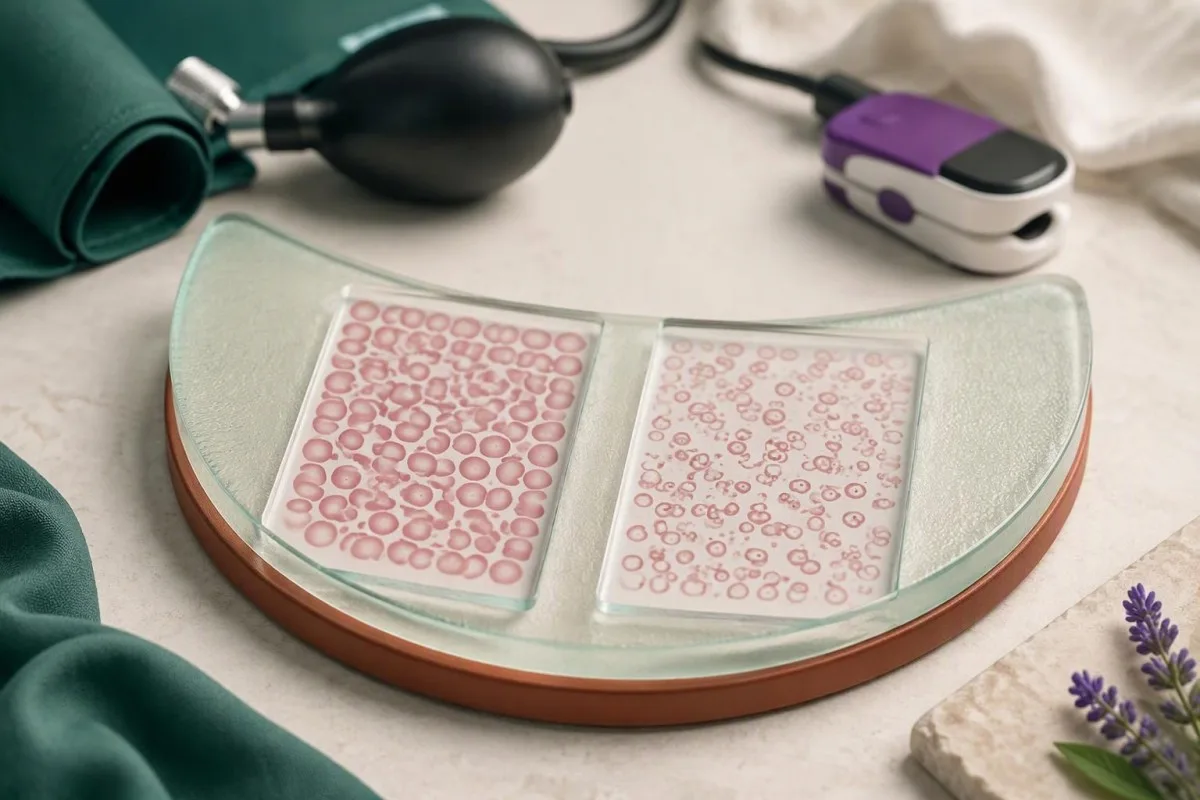 POTS diagnosis educational cell-sample comparison showing iron-deficiency clues beside standing-test equipment