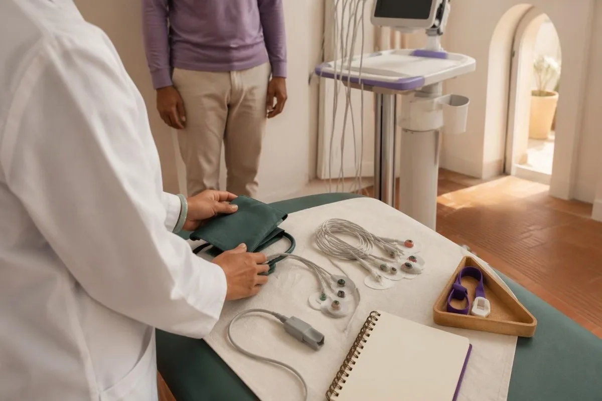 POTS diagnosis assessment with standing pulse equipment and an orthostatic testing station