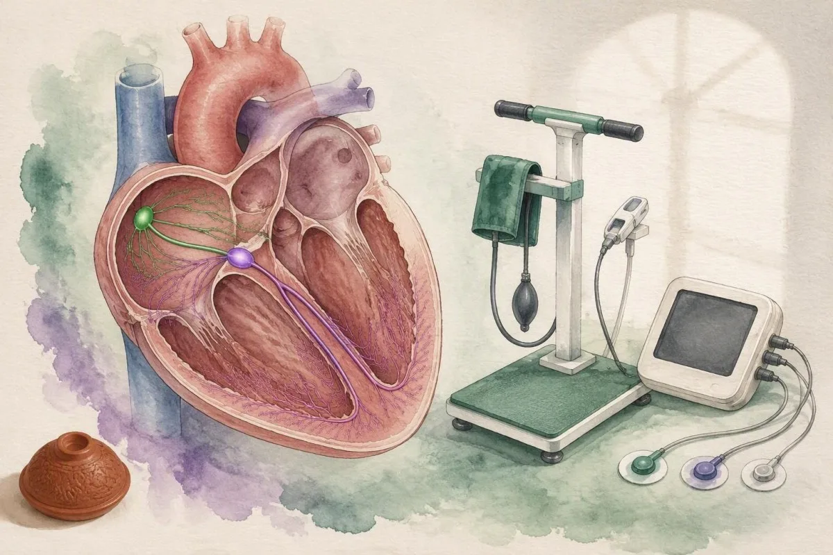 POTS diagnosis watercolor cardiac conduction diagram paired with an upright pulse-testing station