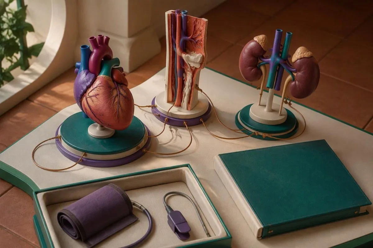 POTS diagnosis physiological diorama connecting cardiac regulation, kidney function and testing equipment