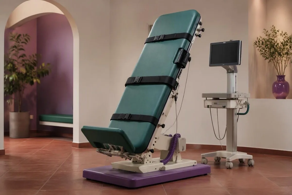 POTS diagnosis empty head-up tilt table with safety supports and continuous monitoring equipment