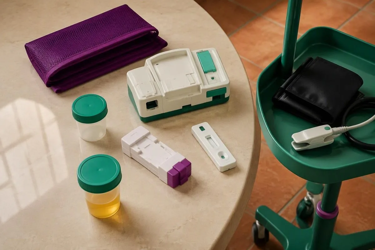 POTS diagnosis laboratory assays beside an orthostatic cuff, illustrating tests for alternative causes