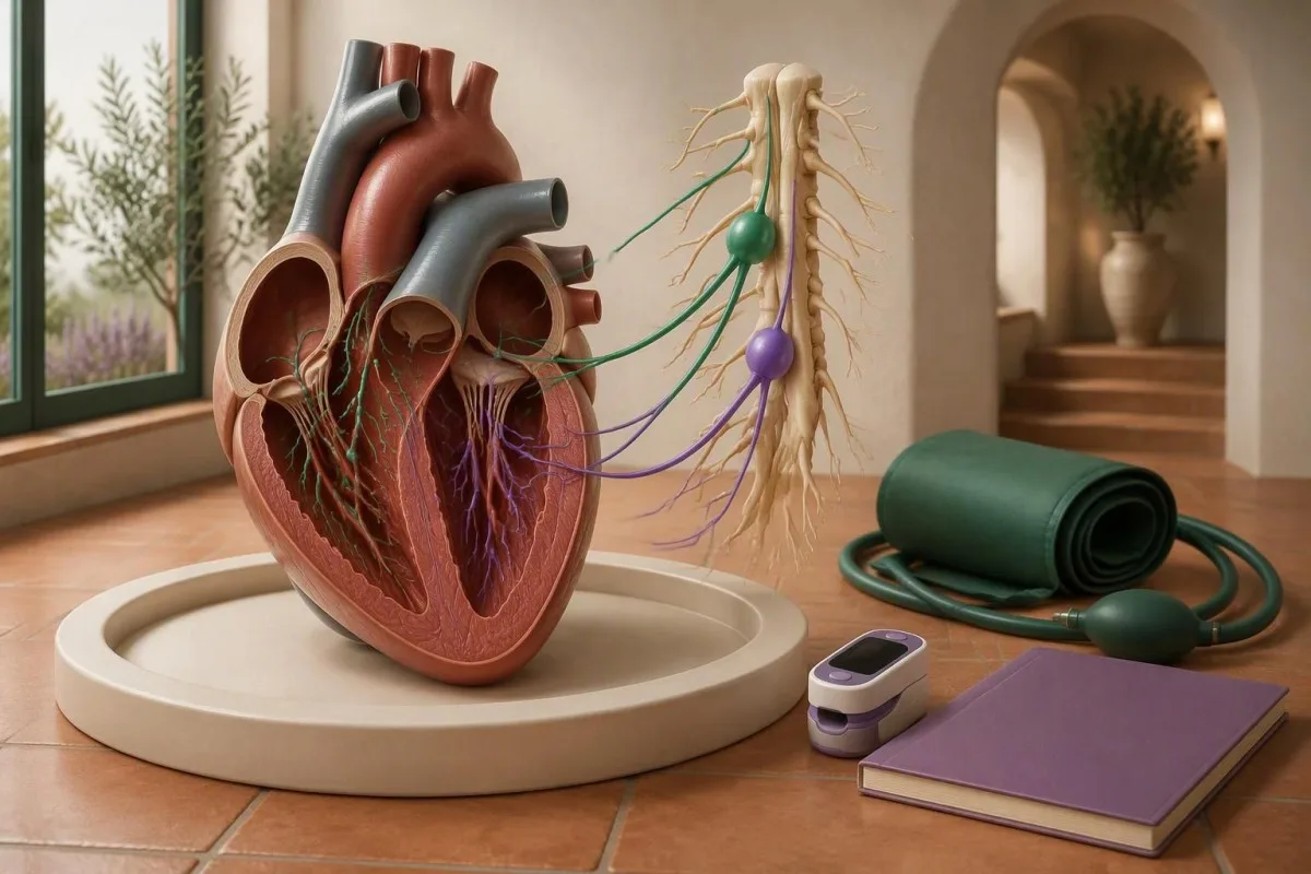 POTS diagnosis anatomical autonomic-heart model beside a standing station and laboratory equipment