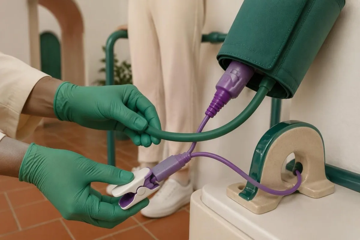POTS diagnosis instruments with an upper-arm cuff and pulse sensor prepared for timed standing
