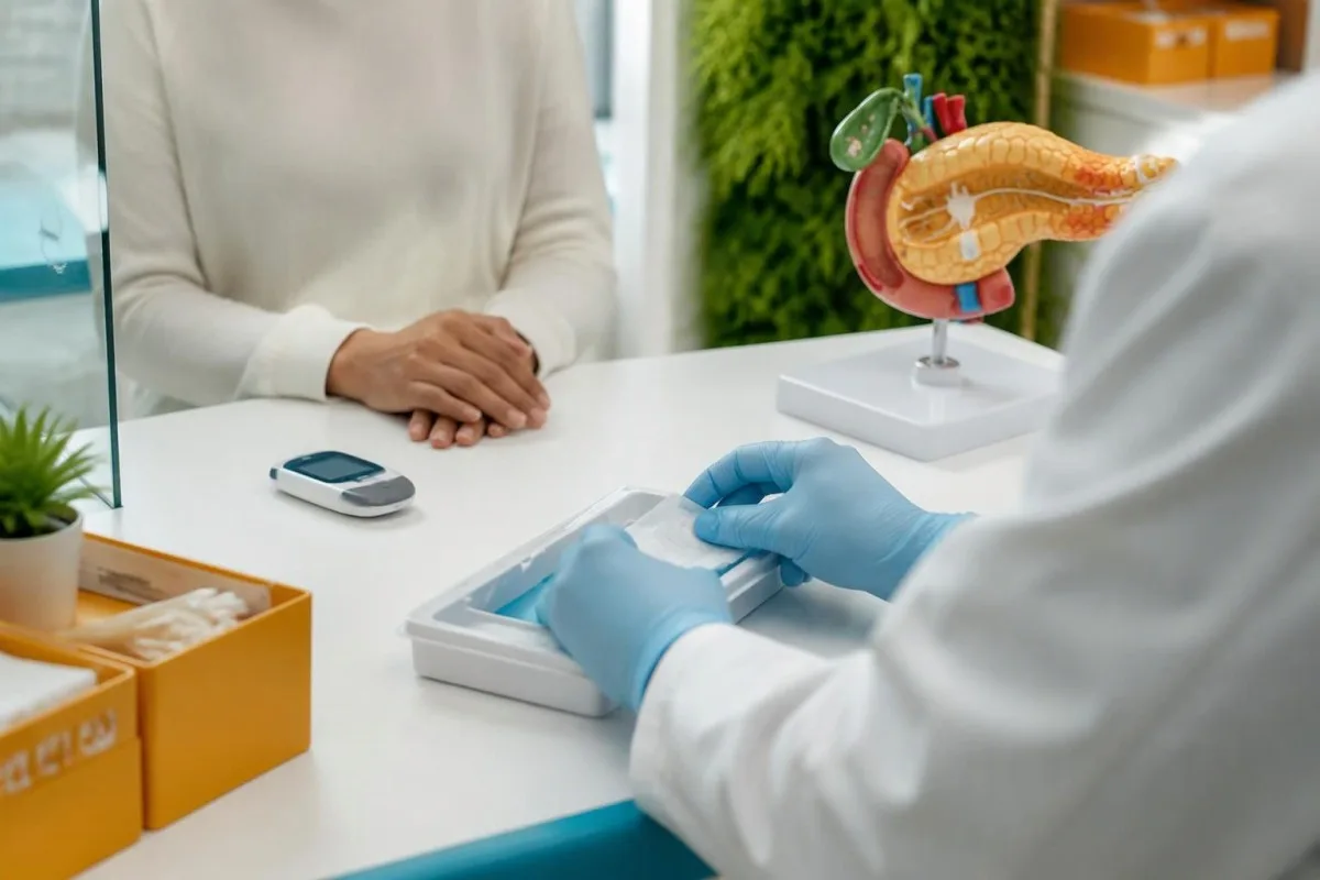 Proinsulintest: Erhöhte Werte und die Insulinom-Abklärung 5 Anonyme klinische Probenentnahme mit Blutzuckermessgerät und Pankreas-Lehrmodell