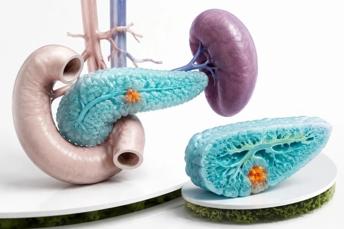Proinsulin-Test: Hohe Werte und Abklärung eines Insulinoms 14 Illustration von Pankreas und Duodenum mit Hervorhebung eines kleinen betroffenen Bereichs des Pankreas