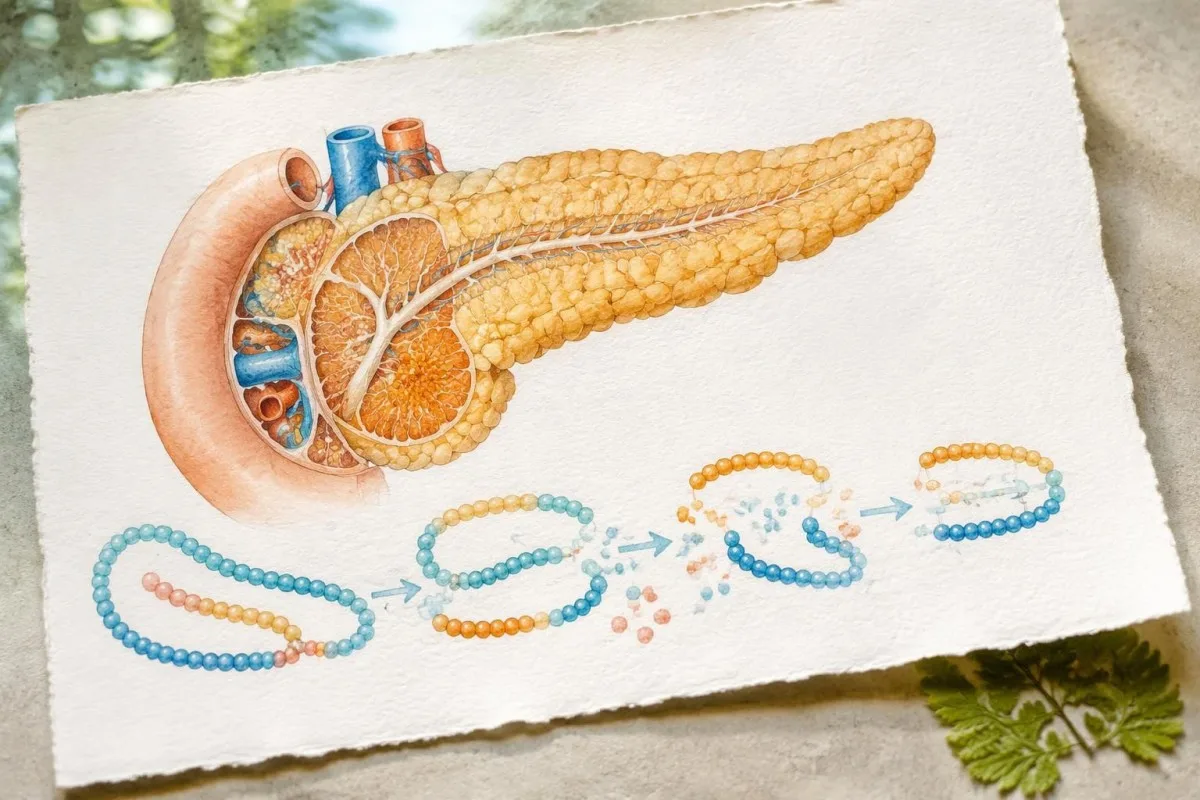 Proinsulin-Test: Hohe Werte und Abklärung eines Insulinoms 16 Als Lehratlas arrangierte Aquarellstudie der Pankreasanatomie und der Proinsulinverarbeitung