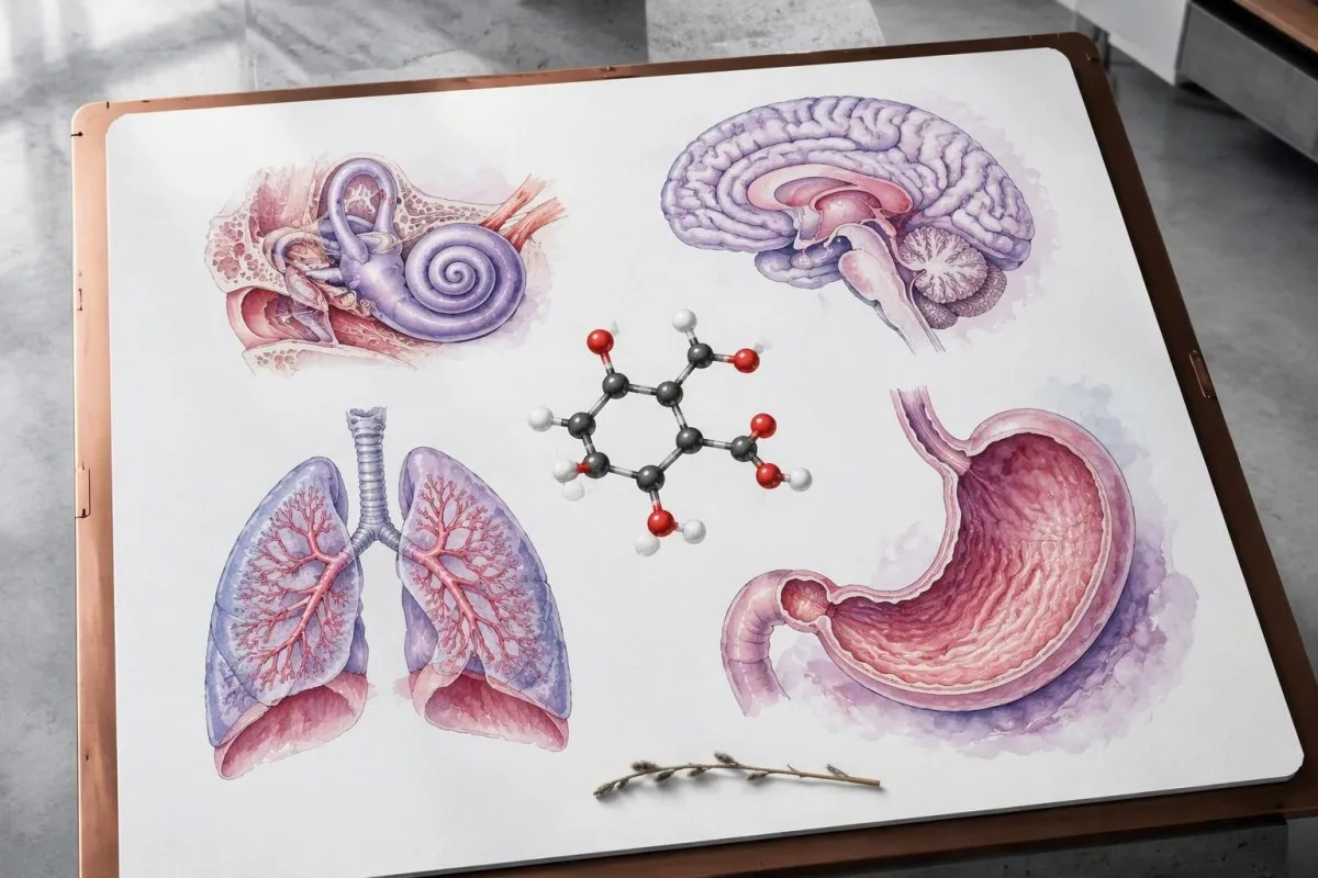 Salicylatniveau: Aspirintoksicitet og behandlingstidspunkt 7 Illustration af symptomer ved salicylatniveau med separate anatomiske diagrammer af øre, hjerne, lunge og mave