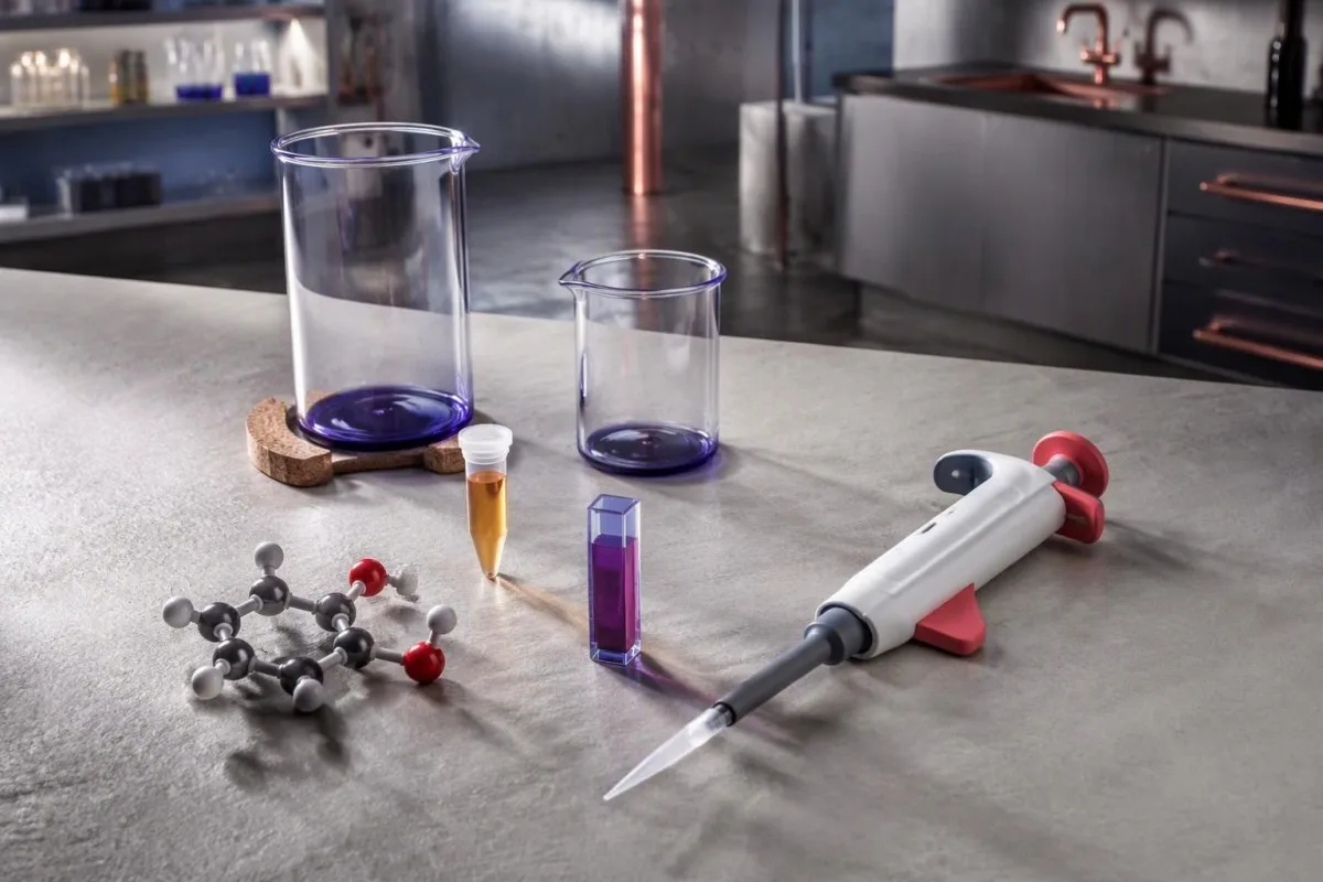 Salicylatniveau: Aspirintoksicitet og behandlingstidspunkt 4 Laboratorieanalyse af salicylatniveau med en reagenskuvette, en serumportion og en aspirinmolekylmodel