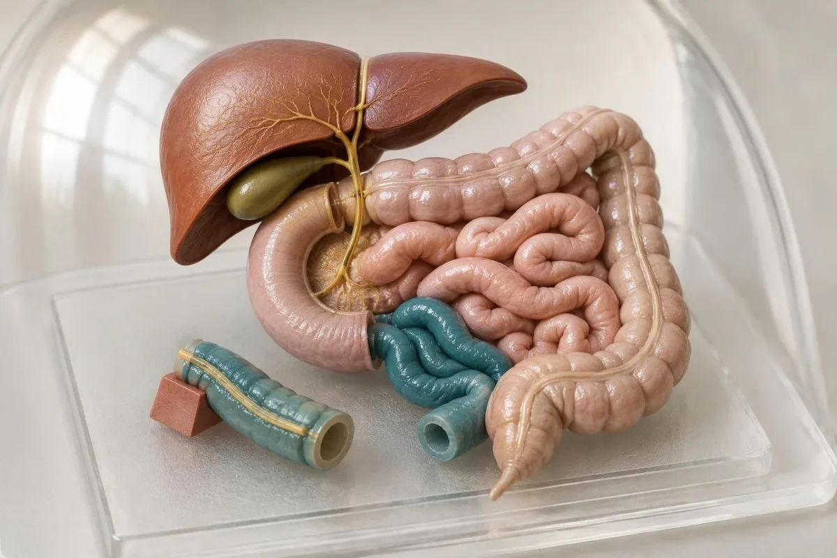 SeHCAT Test Results: Low Retention and Treatment Choices 7 SeHCAT test results context showing the liver, gallbladder, terminal ileum, and colon anatomically