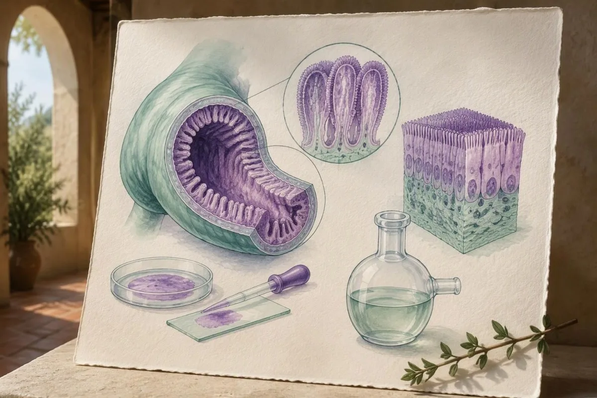 Watercolor duodenal anatomy with tissue assay materials and breath collection equipment