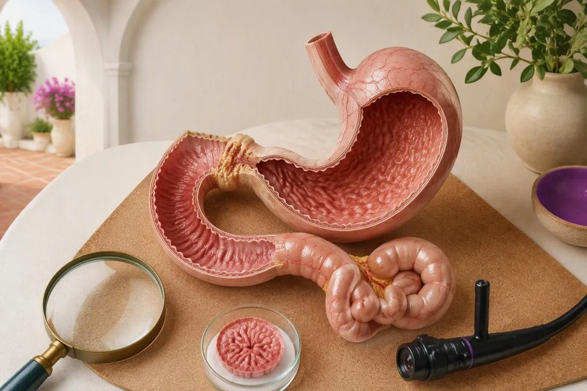 Comparison of preserved intestinal villi with sparse enzymes and shortened villi after tissue injury
