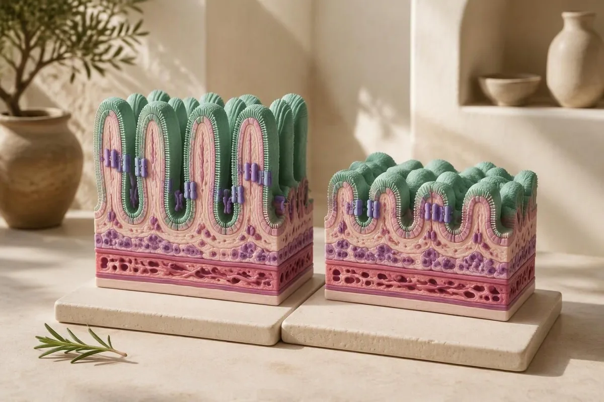 Sugar, rice and potatoes arranged around an intestinal brush-border model