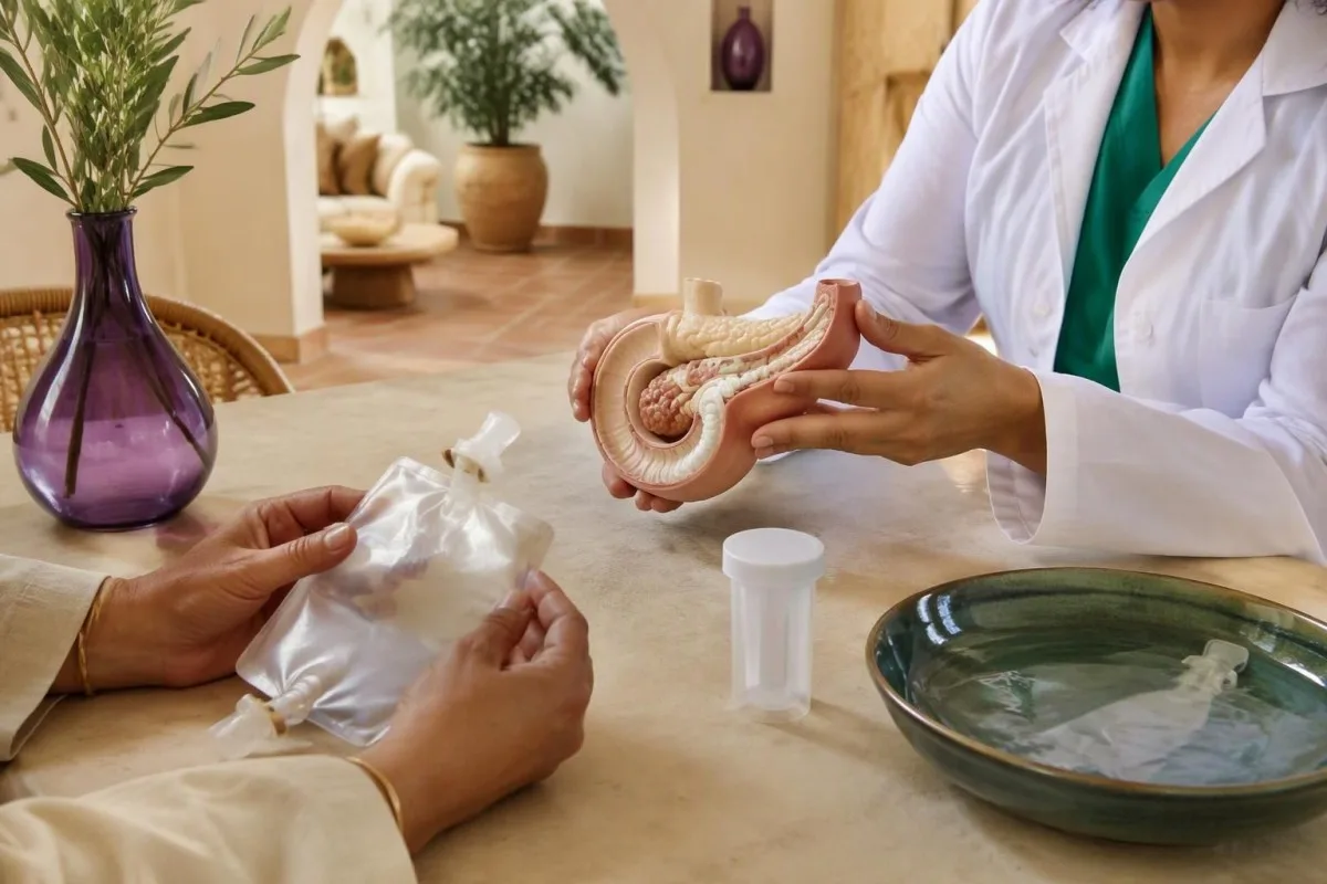 Hands mixing prescribed digestive enzyme into cool water beside a portion-planning meal