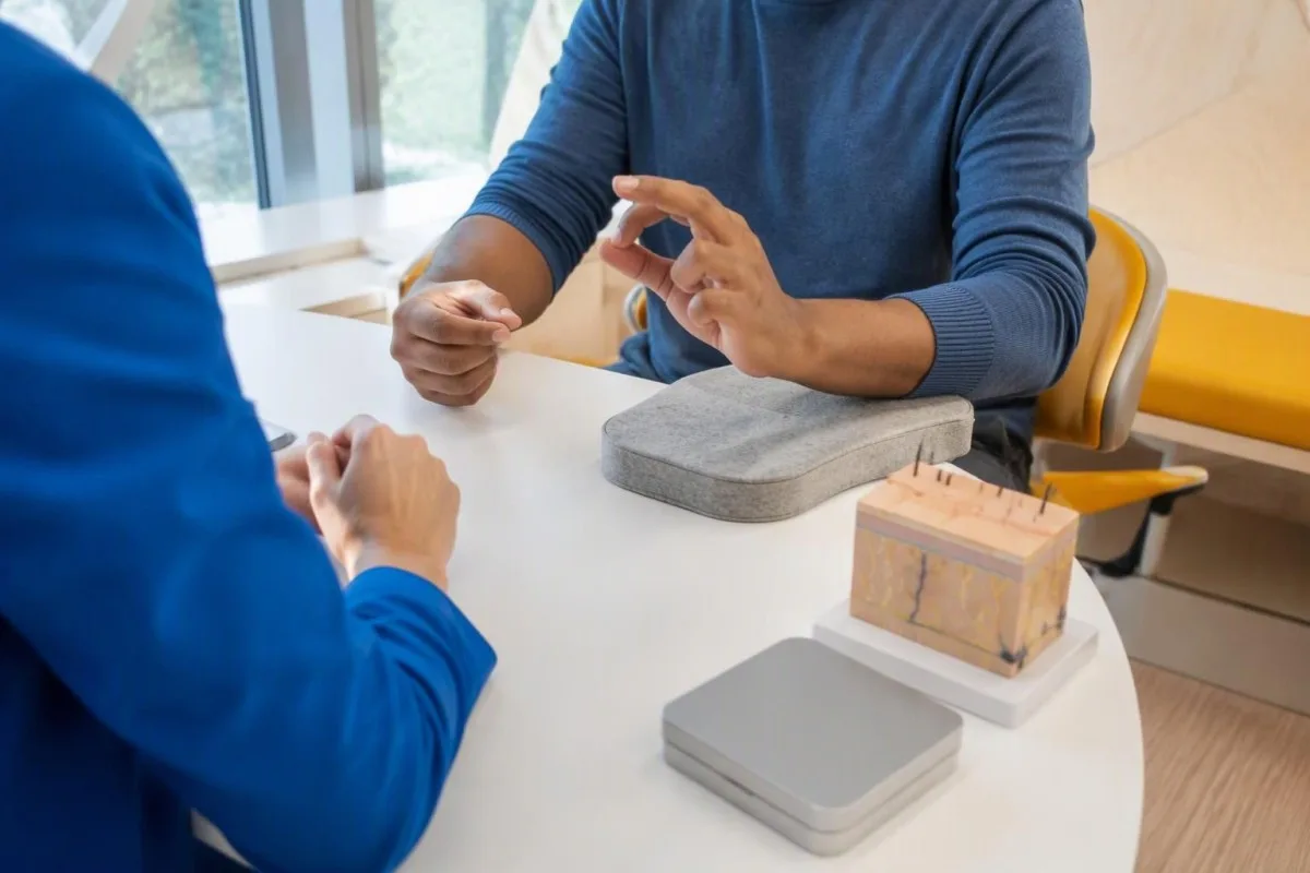 Syn-One-test: consultsituatie waarin een neuroloog het tikken met de vingers beoordeelt, zonder zichtbare gezichten