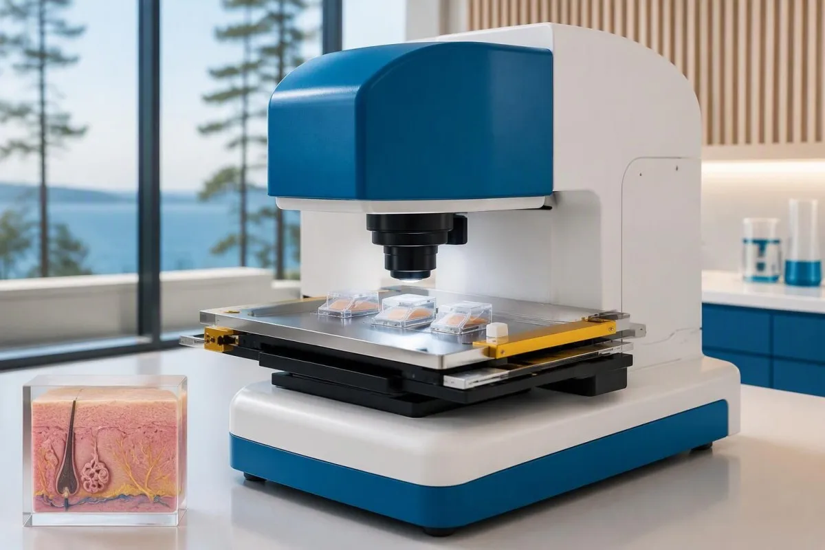 Syn-One-test: laboratoriuminstrument met een gemotoriseerde fluorescentie-objecttafel en drie weefseldragers