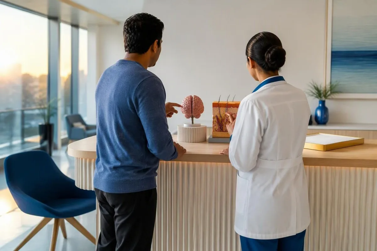 Syn-One-test: controlebezoek van achteren gezien, met een preparaatglaasje en een neurologisch anatomiemodel