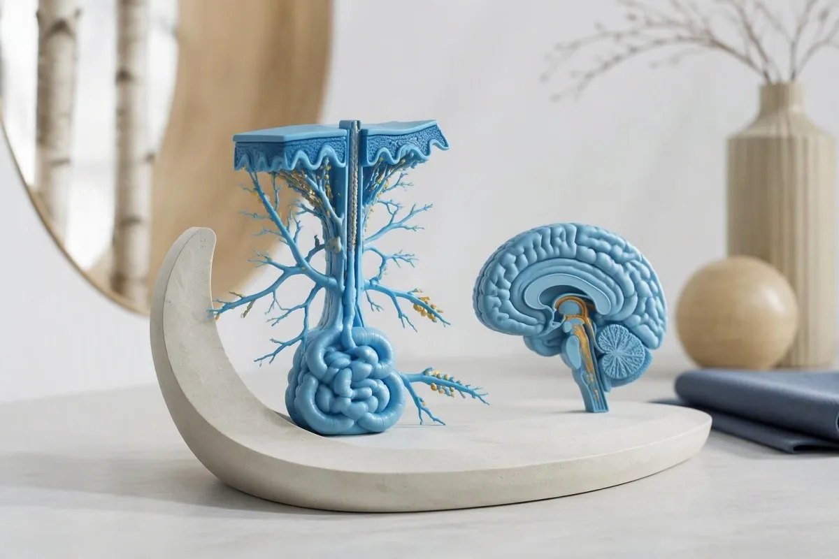 Syn-One-test afgebeeld met een huidzenuwmodel naast een geïsoleerd anatomisch hersenmodel
