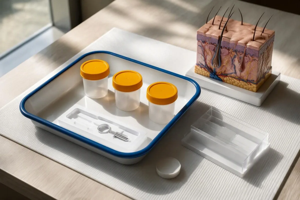Afnamematerialen voor de Syn-One-test, klaargelegd voor drie kleine huidweefselmonsters in een klinisch laboratorium
