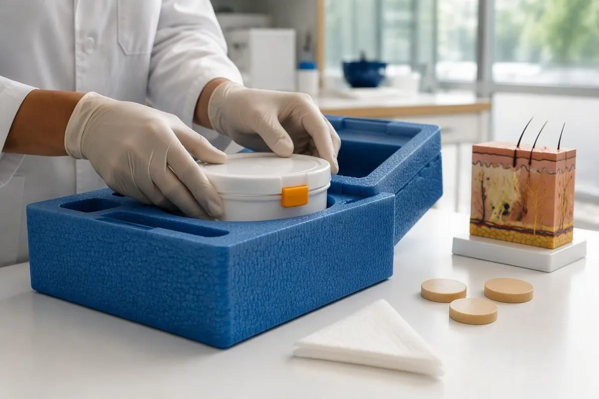 Syn-One-test: macroscène van een verzegelde weefseltransportcontainer en voorwerpen voor een checklist voor afname op drie locaties
