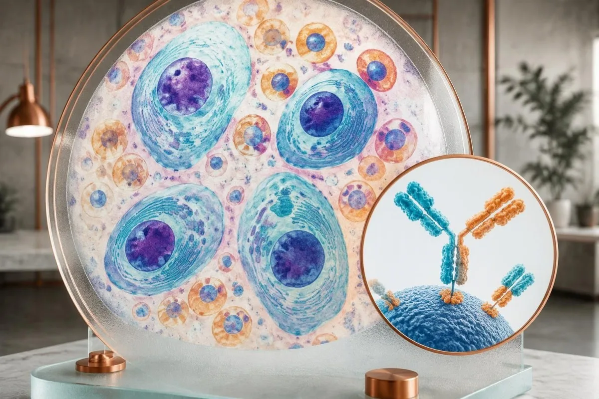 Tetanus immunity test cellular illustration showing antibody-producing plasma cells and IgG