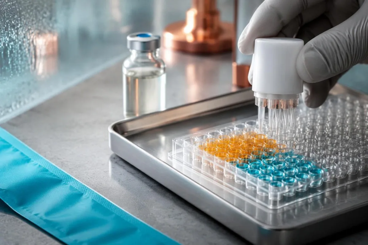 Tetanus immunity test equipment with an assay plate and vaccine vial beside a laboratory sample