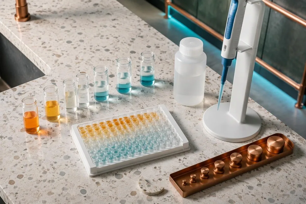 Tetanus immunity test calibration scene with an ELISA plate and separate reference preparations