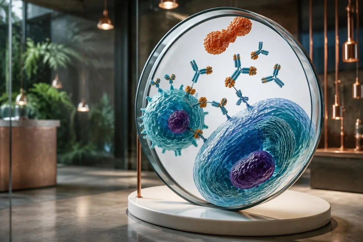 Tetanus immunity test molecular illustration showing toxoid stimulation of antibody-producing cells