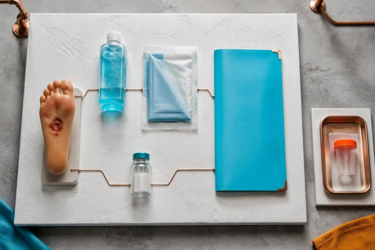 Tetanus immunity test prevention pathway with cleaning supplies, site model and vaccine preparation