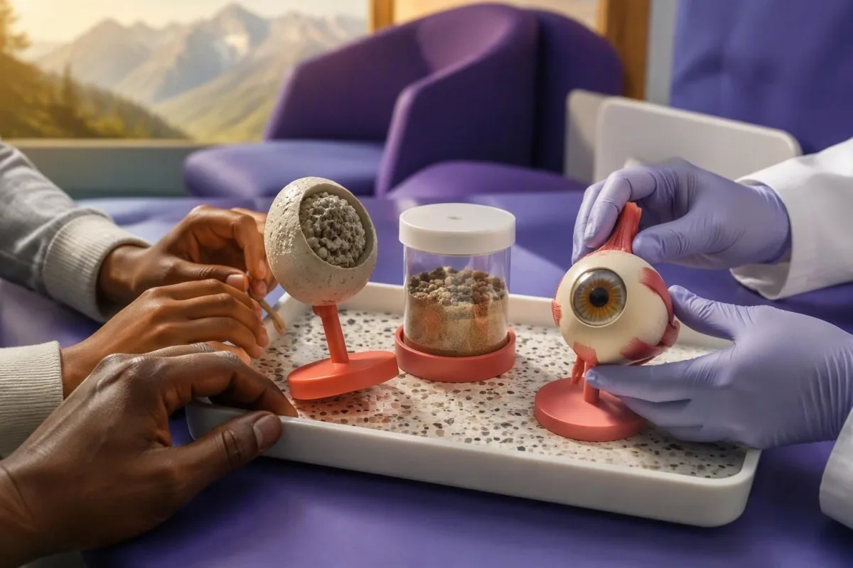 Toxocara Antibodies: When a Positive Result Needs Care 13 Toxocara antibodies paediatric assessment with parent and clinician hands beside an eye teaching model