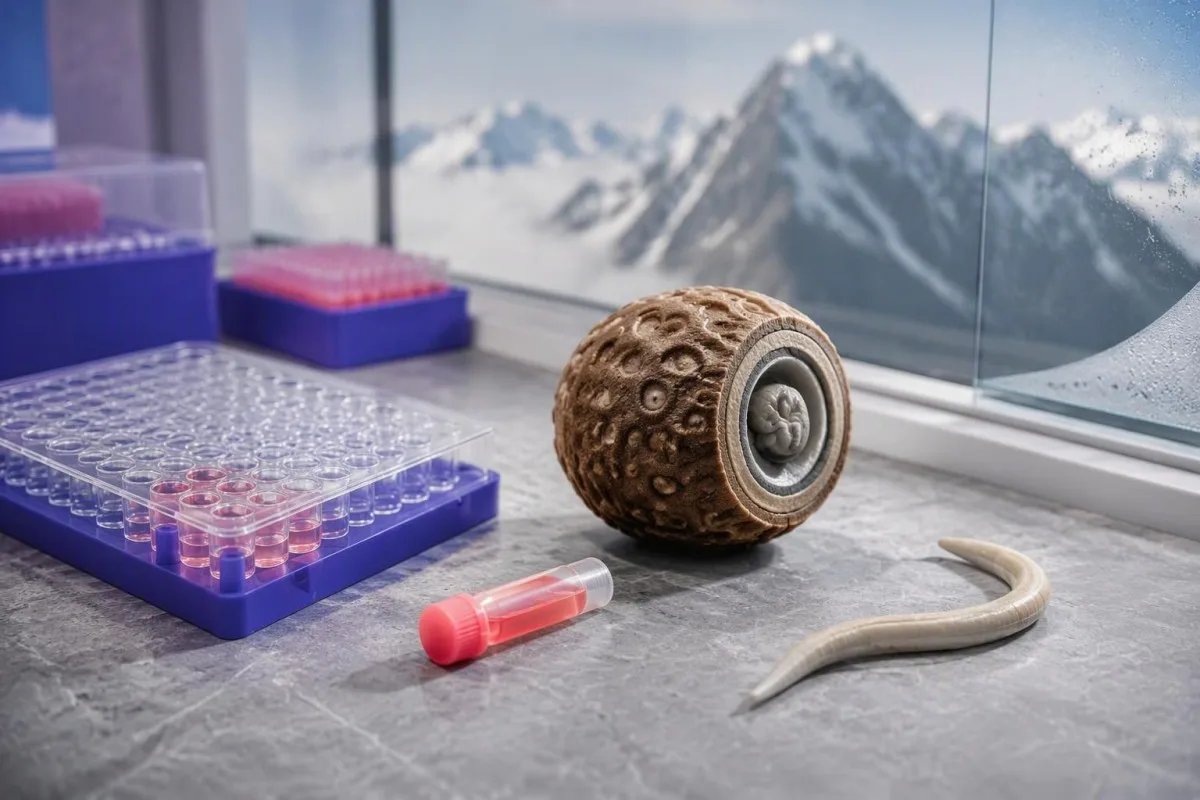 Toxocara Antibodies: When a Positive Result Needs Care 3 Toxocara antibodies assay model beside an enlarged roundworm egg and a serum testing plate