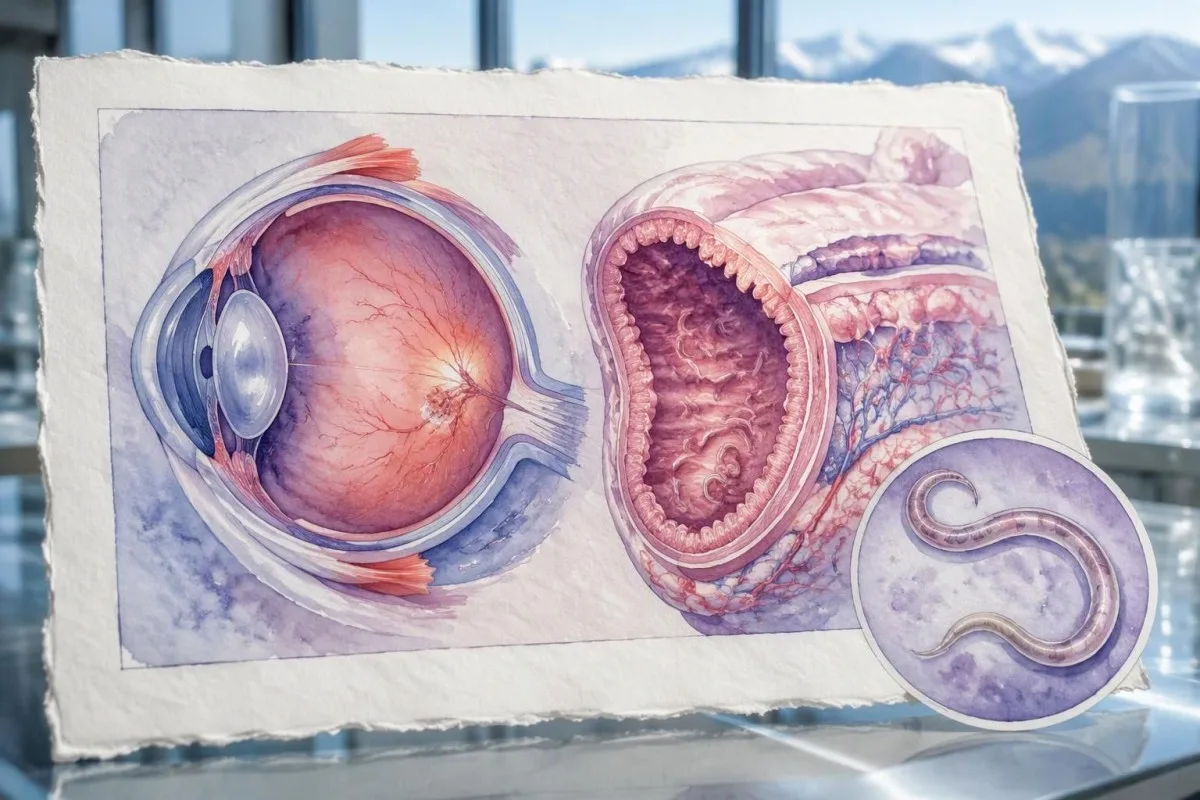 Toxocara Antibodies: When a Positive Result Needs Care 16 Toxocara antibodies educational atlas pairing an eye cross-section with intestinal larval migration