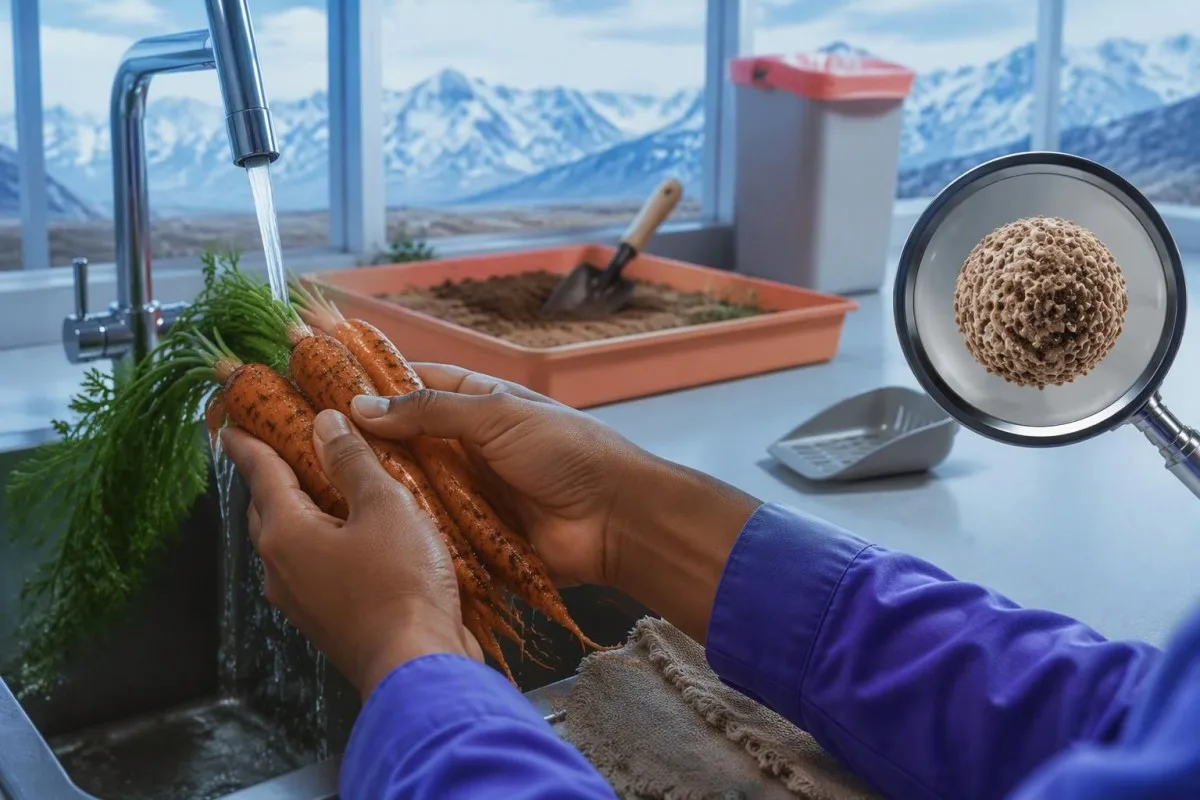 Toxocara Antibodies: When a Positive Result Needs Care 6 Toxocara antibodies exposure context showing hands washing soil from carrots near a garden tray